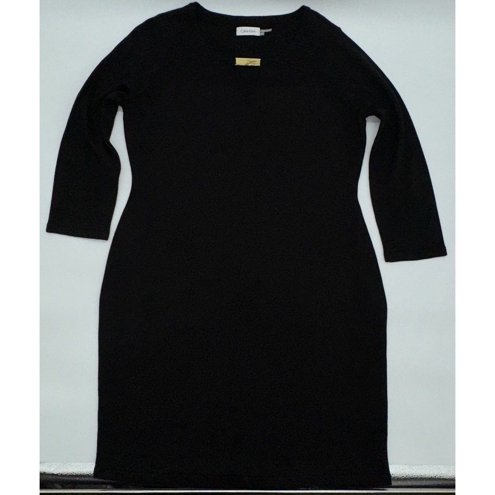 CALVIN KLEIN Sweater Dress Black Knit Gold Bar Keyhole Quiet Luxury XL